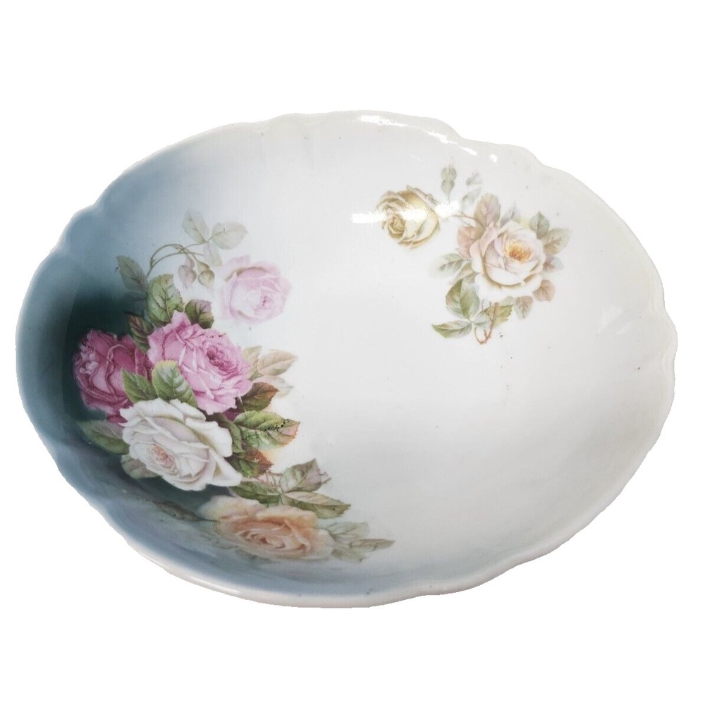 Vintage German Pottery Floral Roses Serving Bowl Round Ruffle Edges Porcelain